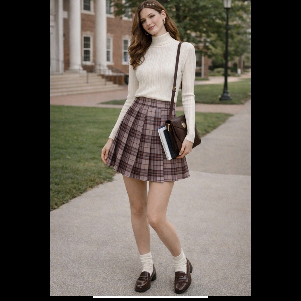 Y2K Plaid Pleated Mini Skort Built-In Satin Shorts Preppy